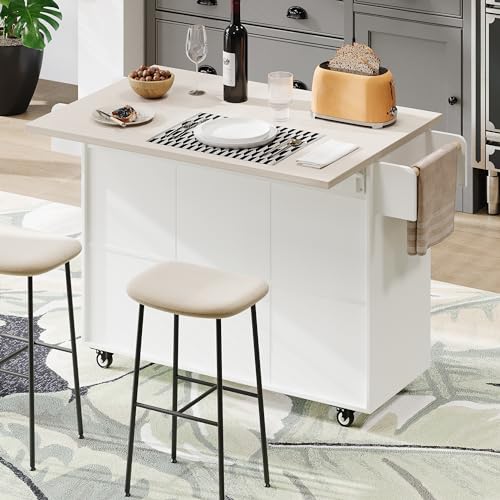 Farmhouse Kitchen Island with Drop Leaf, Barn Door and Power Outlet C3058