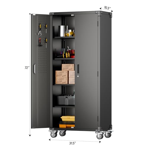 Garage Storage Cabinet with Wheels, 72" H, 2 Doors, 4 Adjustable Shelves, Black R4307