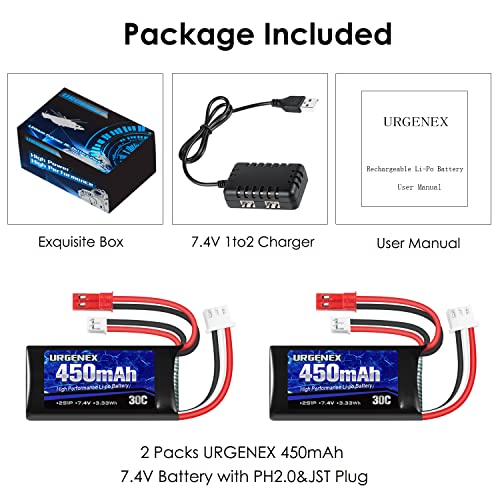 7.4V 2S 450mAh Lipo Battery with JST & PH2.0 Plug and USB Charger for RC Car Truck Drone U648079