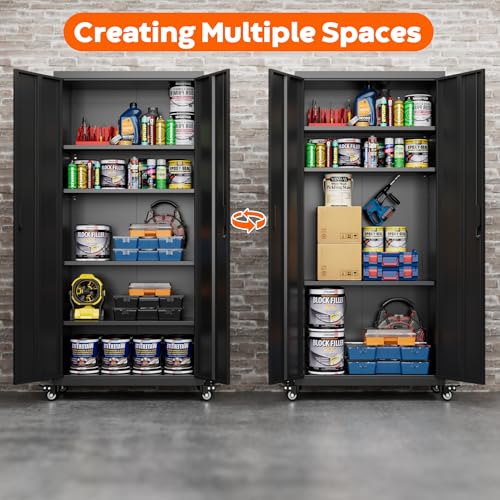 Metal Storage Cabinet with Wheels, 73" H, Locking Doors and Adjustable Shelves A1751