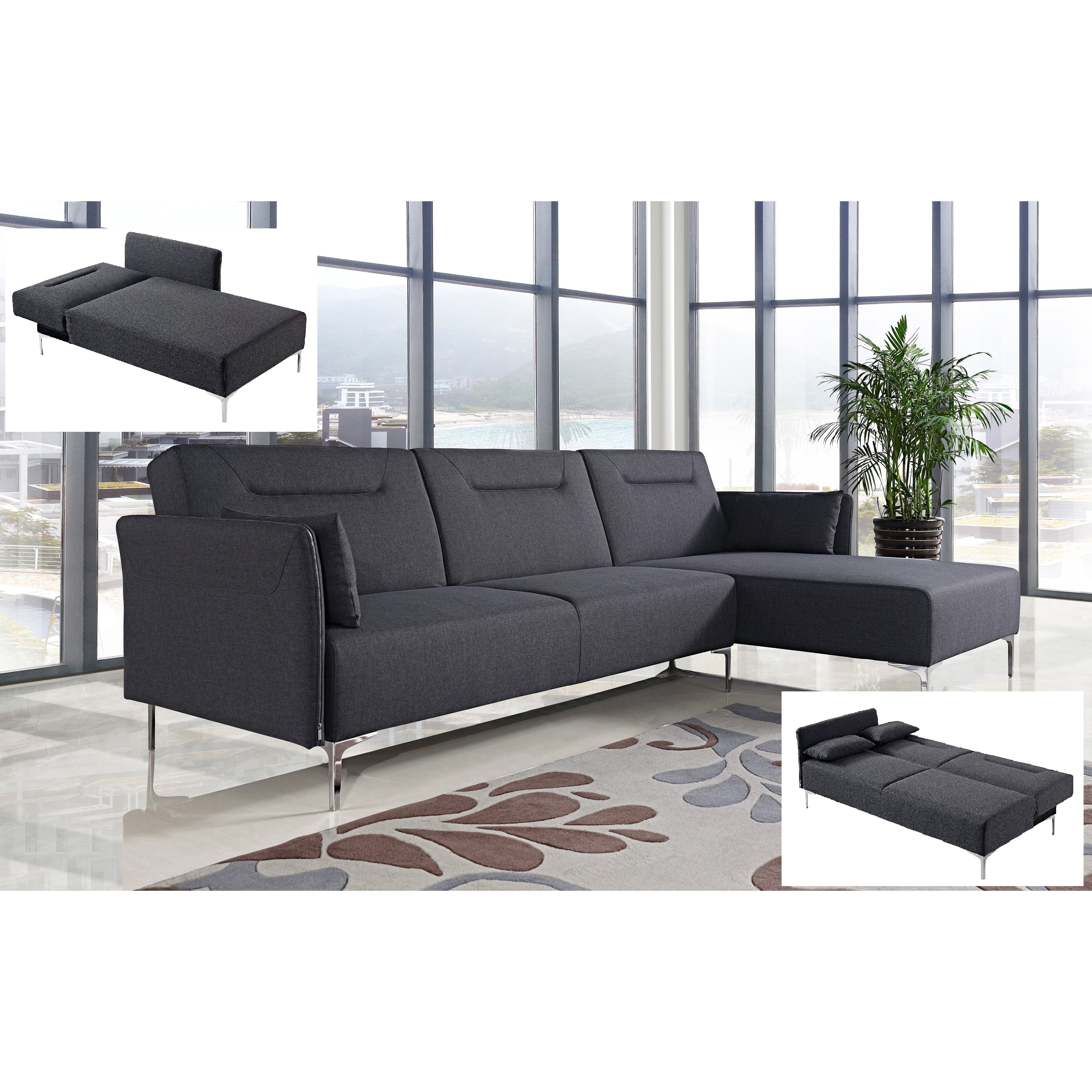 Contemporary Fabric Upholstered Right Facing 2-Piece Sleeper Sectional Sofa, Black O2338