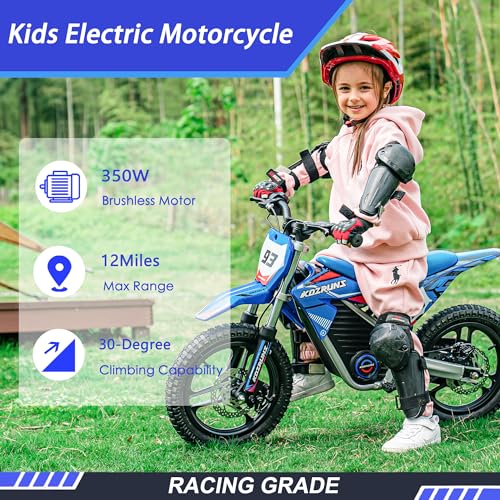 Electric Dirt Bike for Kids Aged 4-8, 350W Brushless Motor, 14'' Off-Road Tires, Blue Y255