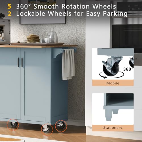 Large Kitchen Island with Drop Leaf, Rolling Cart, Power Outlet and Storage A3211