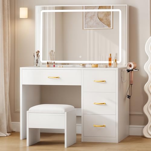 Vanity Desk Set with LED Mirror and Lights, Makeup Table with Drawers & Stool N790324