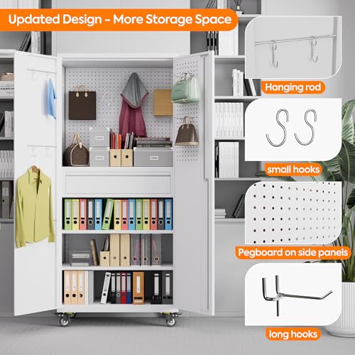 Metal Storage Cabinet with Wheels, 73" H, Locking Doors and Adjustable Shelves A1751