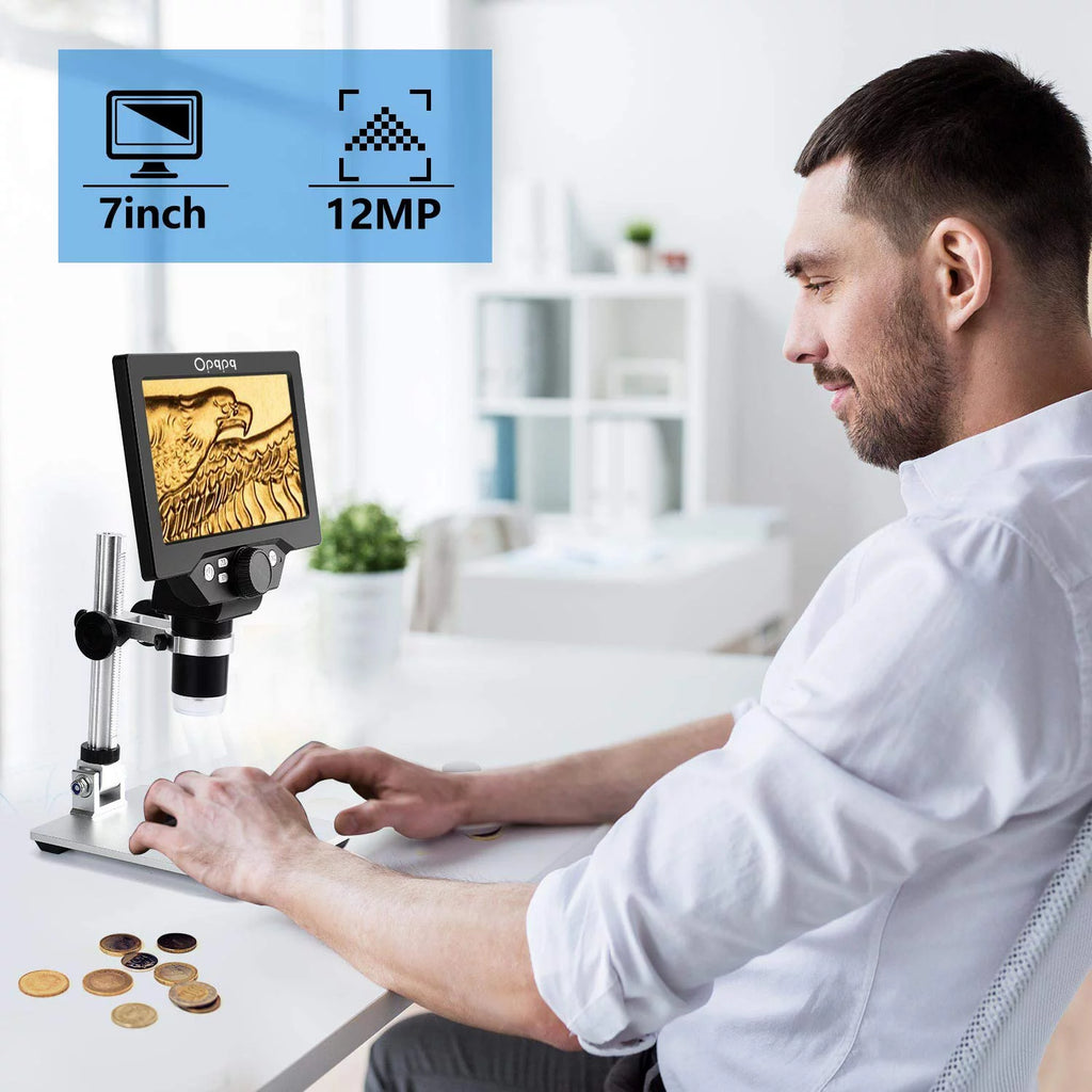 7" LCD Digital Microscope, 1200X Coin Microscope with 32GB Card, Soldering Microscope with 12MP Camera, LED Fill Lights, PC View M589689