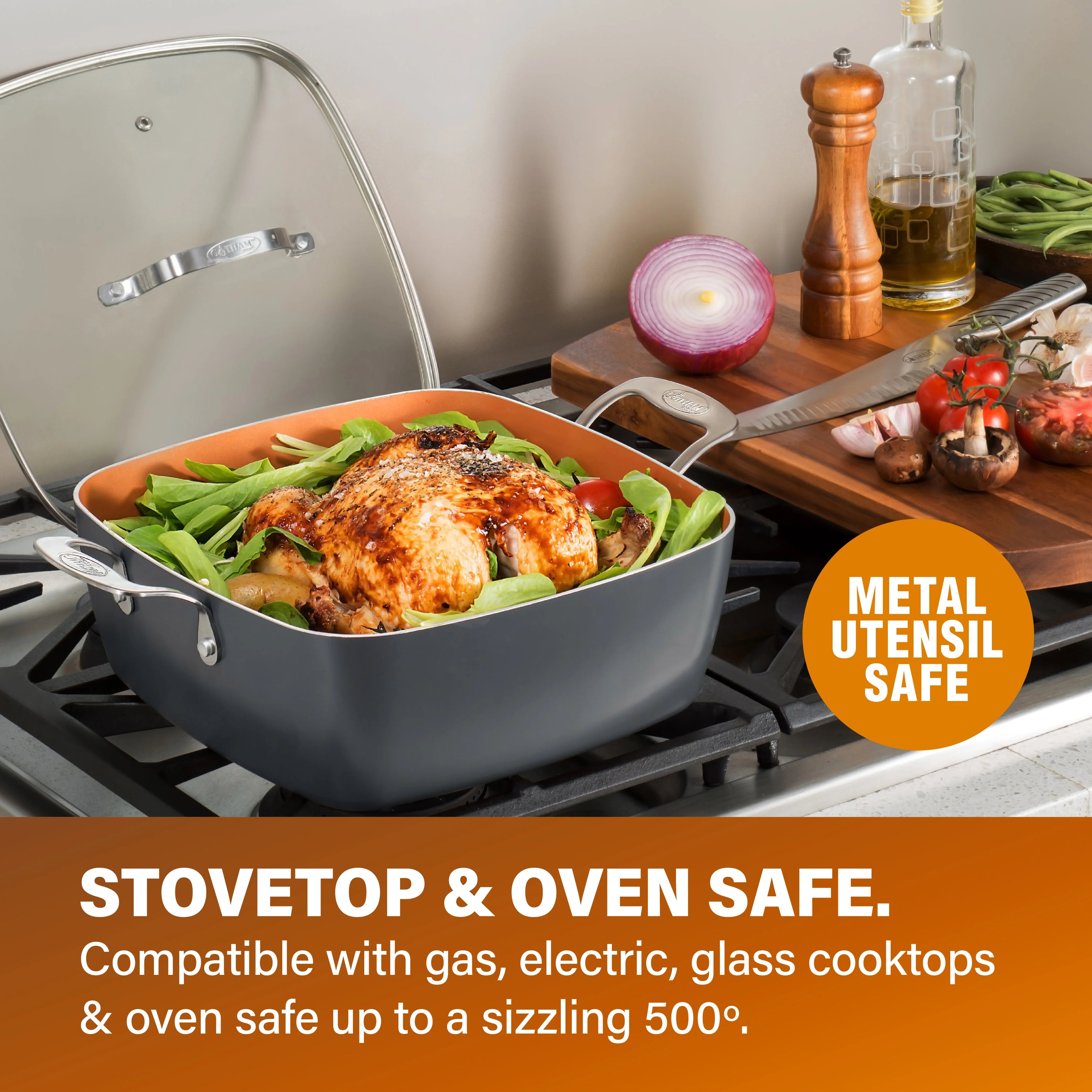 6 Qt Nonstick Copper Deep Square Casserole Pan & Stock Pot 4 Piece Set with Frying Basket and Steamer Tray I80644