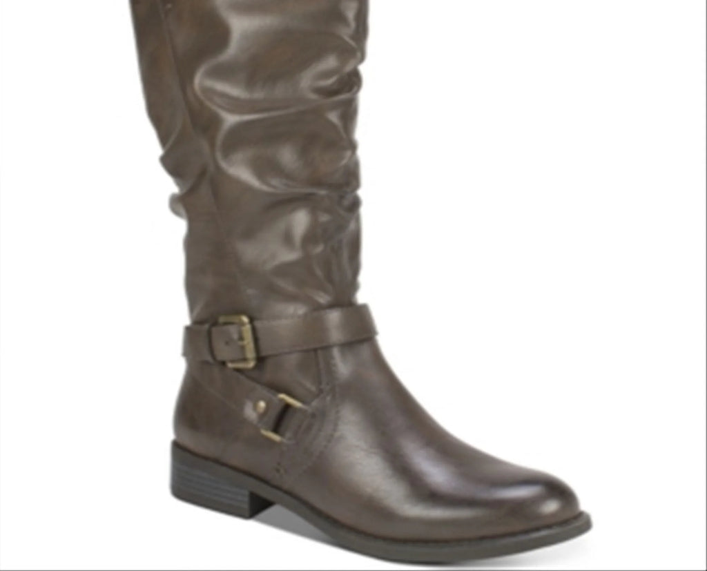 Women's Brown Crisscross Strap Block Heel Riding Boot O160817