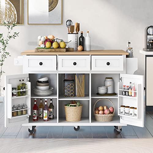 Large Kitchen Island with Drop Leaf, Rolling Cart, Power Outlet and Storage A3211