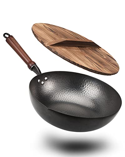 Wok Pan 12.5", Woks and Stir Fry Pans with lid, Carbon Steel Wok with Cookware Accessories, Wok with Lid Suits for all Stoves(Flat Bottom Wok)
