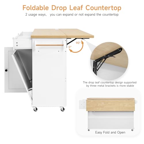 Kitchen Island with Power Outlet & Drop Leaf, Rolling Cart with Storage J137407