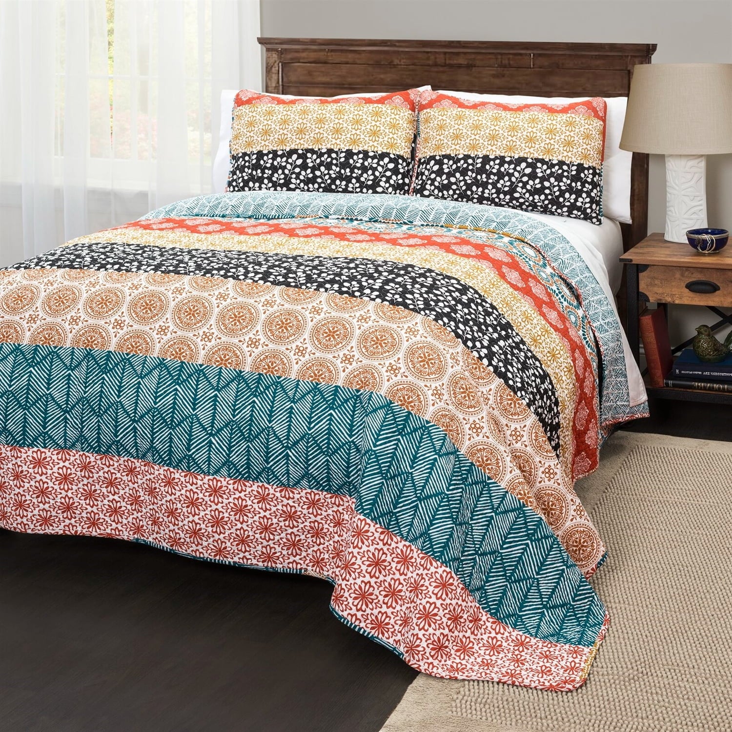 Teal Orange Bohemian Stripe Reversible Cotton Quilt Set G5198