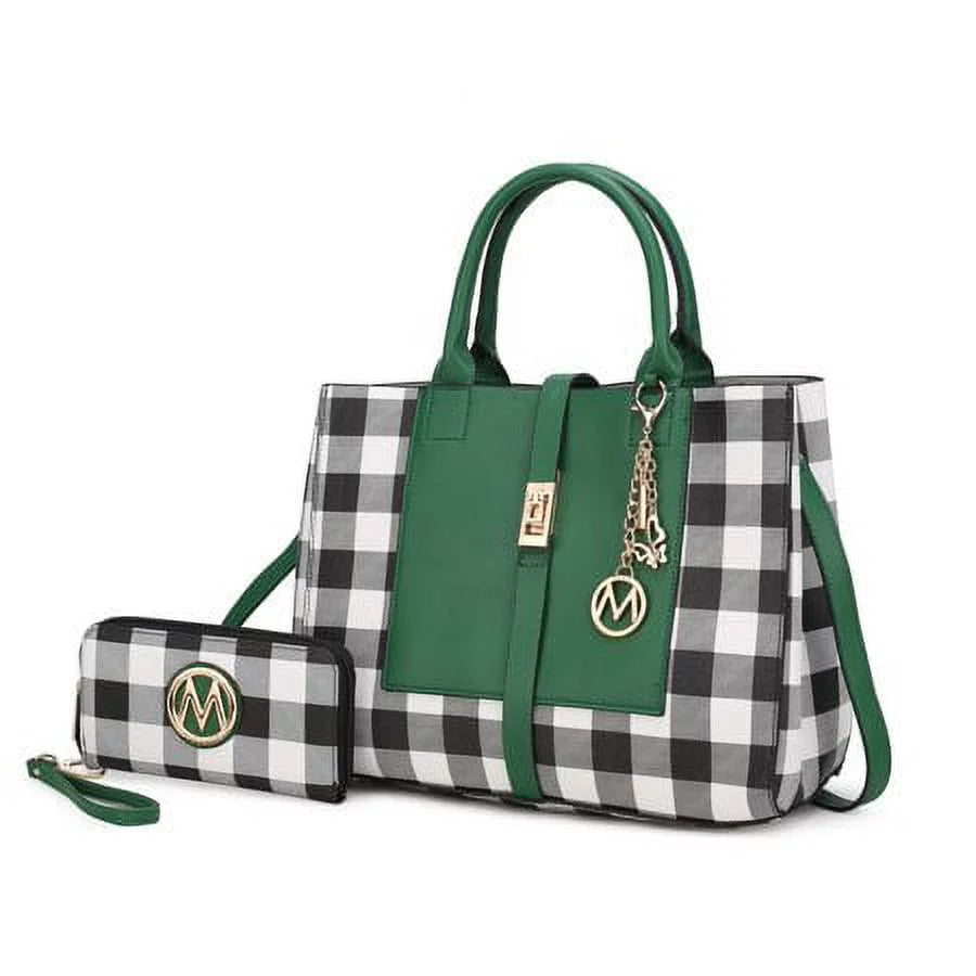 Checkered Vegan Leather Satchel Bag with Wallet 2 Piece Set E6856