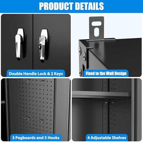 Garage Storage Cabinet with Wheels, 72" H, 2 Doors, 4 Adjustable Shelves, Black R4307