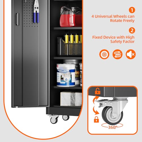 Metal Storage Cabinet with Wheels, 73" H, Locking Doors and Adjustable Shelves A1751
