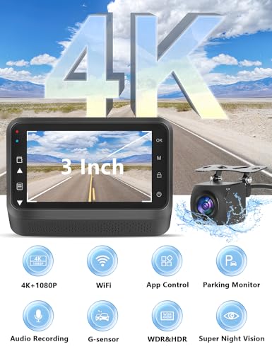 Dash Cam Front and Rear, 4K+1080P WiFi Dual Dash Cam with APP, 3" IPS, Night Vision, 24/7 Parking Monitor C45315