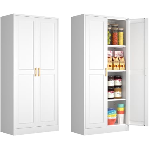Tall Kitchen Storage Cabinet with Doors and Adjustable Shelves, Black Freestanding Cupboard J20442