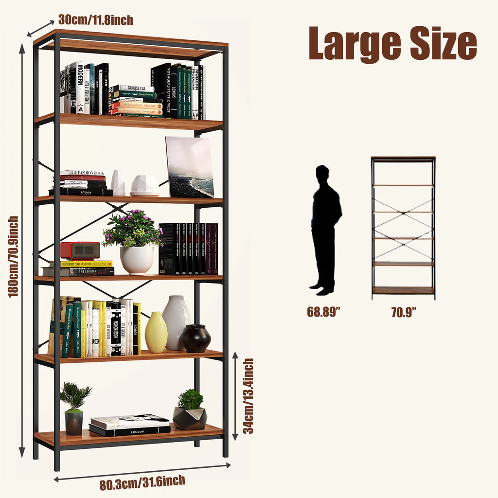 5-Tier Tall Bookcase, Rustic Wood and Metal Open Shelf Unit K172304