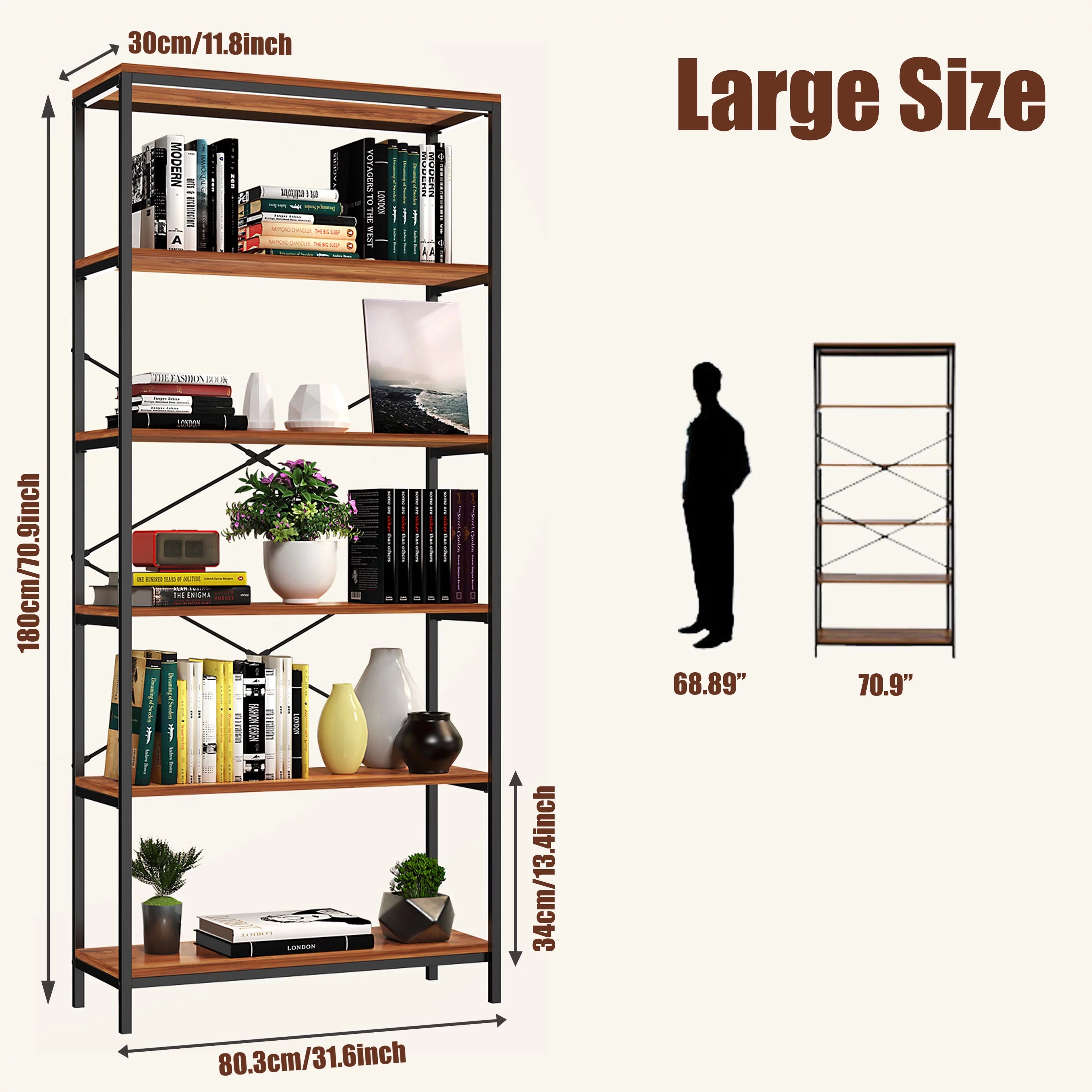 5-Tier Tall Bookcase, Rustic Wood and Metal Open Shelf Unit K172304