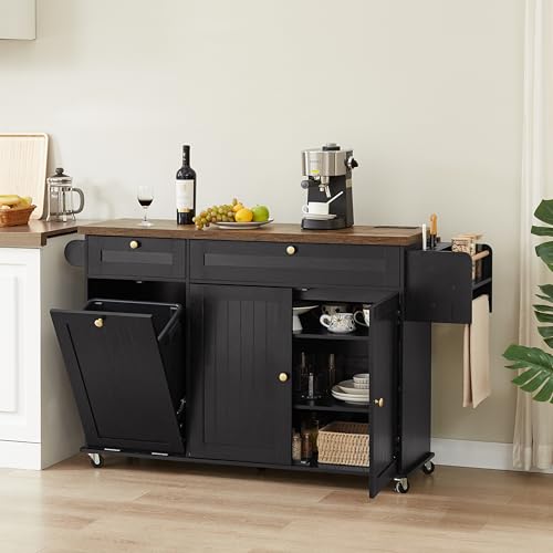 Kitchen Island with Power Outlet & Drop Leaf, Rolling Cart with Storage J137407
