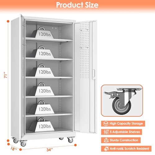 Metal Storage Cabinet with Wheels, 73" H, Locking Doors and Adjustable Shelves A1751