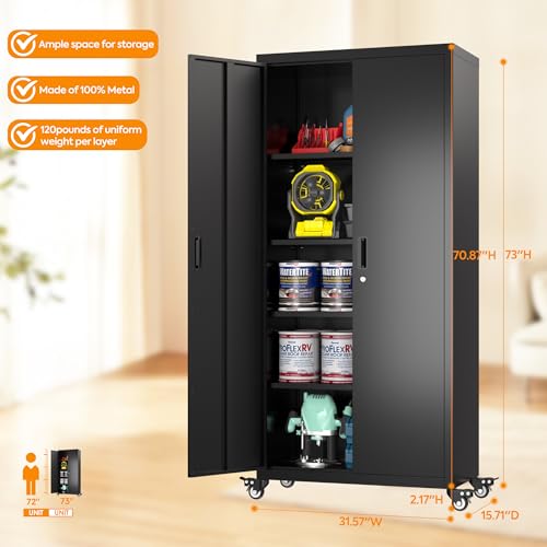 Metal Storage Cabinet with Wheels, 73" H, Locking Doors and Adjustable Shelves A1751