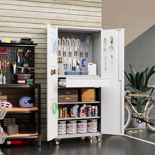 Metal Storage Cabinet with Wheels, 73" H, Locking Doors and Adjustable Shelves A1751