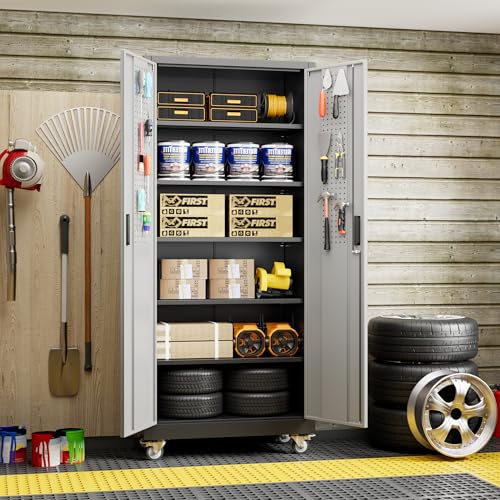 Metal Storage Cabinet with Wheels, 73" H, Locking Doors and Adjustable Shelves A1751