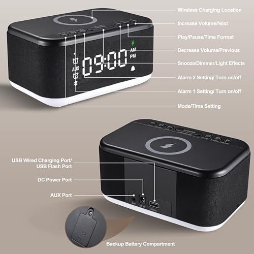 Wireless Charging Alarm Clock Speaker with Bluetooth, Dimmable Night Light K3994