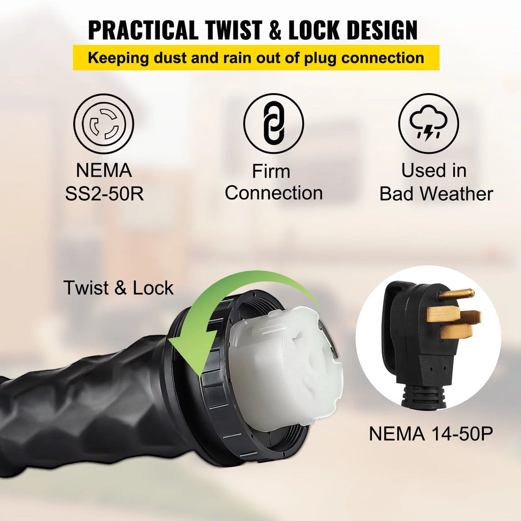 50 ft 50 Amp RV Shore Power Extension Cord, Weatherproof Heavy Duty Twist Lock P166