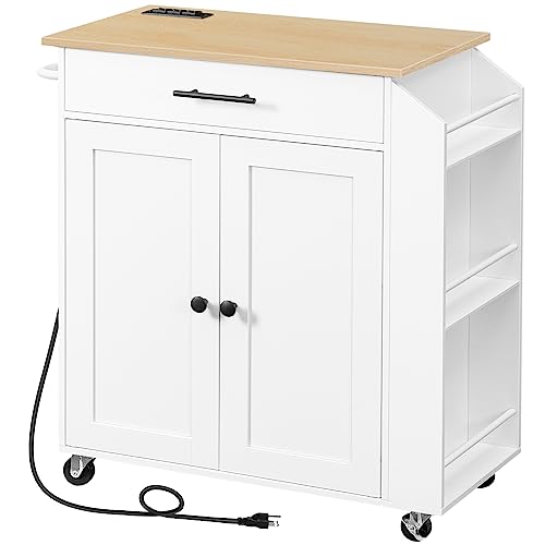 Kitchen Island with Power Outlet, Spice Rack and Drawer, Rolling Cart F495760