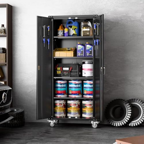 Garage Storage Cabinet with Wheels, 72" H, 2 Doors, 4 Adjustable Shelves, Black R4307