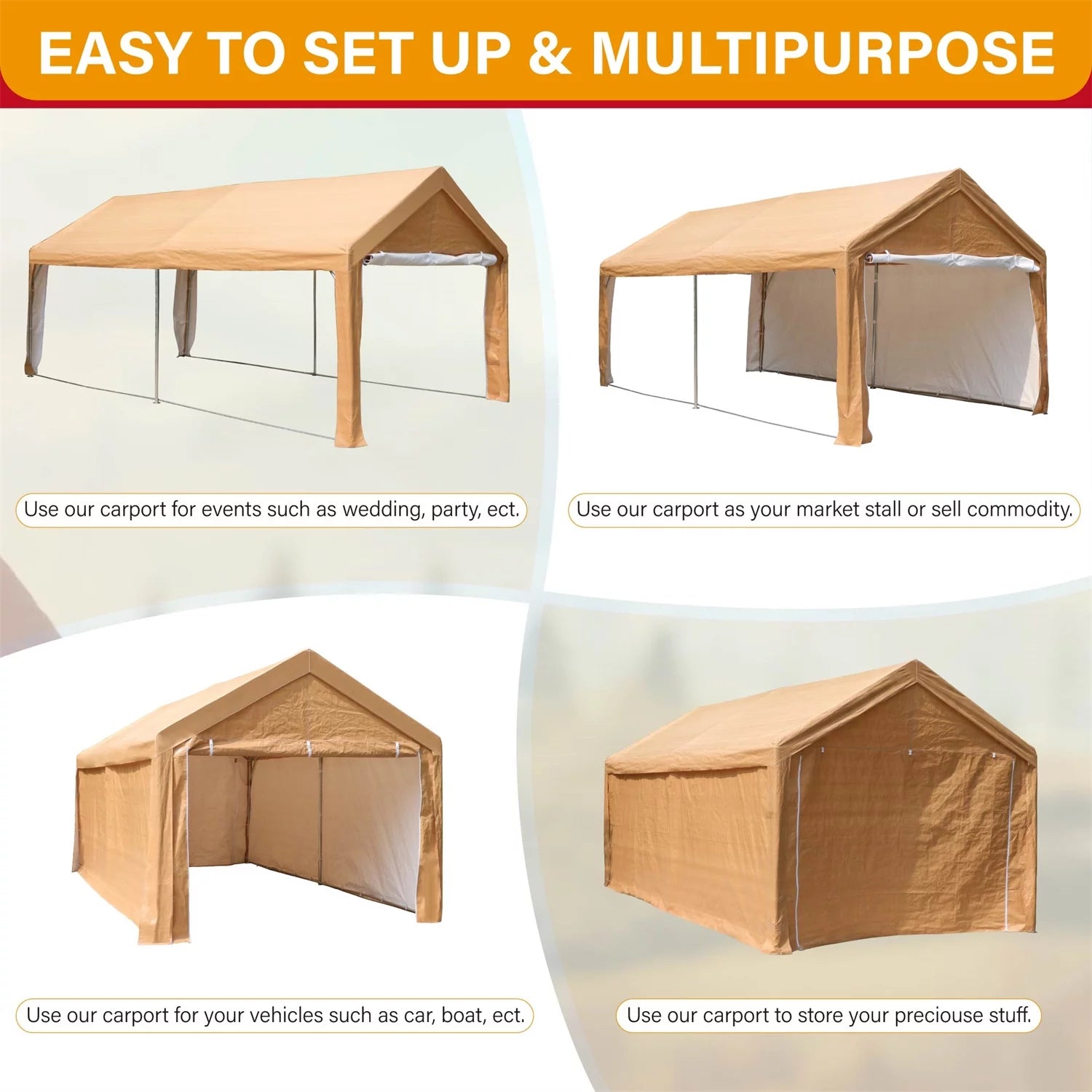 Heavy Duty Carport Canopy for Car Boat Shelter with Removable Sidewalls and Doors X7234