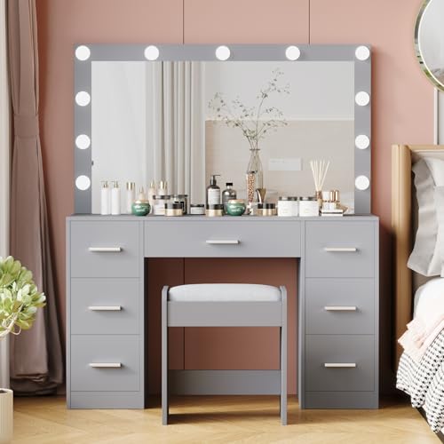 Vanity Desk with Stool, Lighted Mirror, 3 Color Lighting Modes, Dressing Table with Drawers U774924