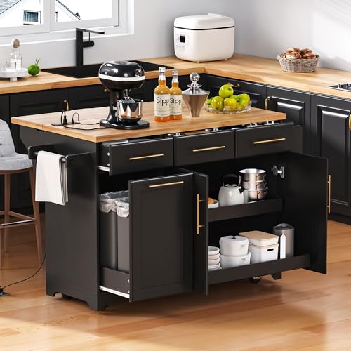Ball & Cast Farmhouse Kitchen Island with Drop Leaf & Barn Door,Rolling Kitchen Cart on Wheels with Power Outlet,3 Large Drawers,Adjustable Shelf & Spice Rack,for Home,Kitchen,Dining Room,Black,56"