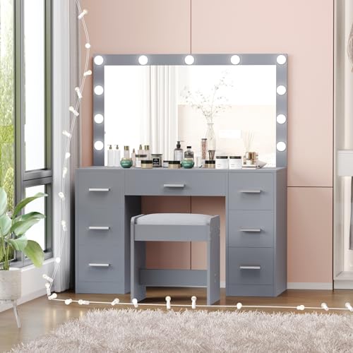 Vanity Desk with Stool, Lighted Mirror, 3 Color Lighting Modes, Dressing Table with Drawers U774924