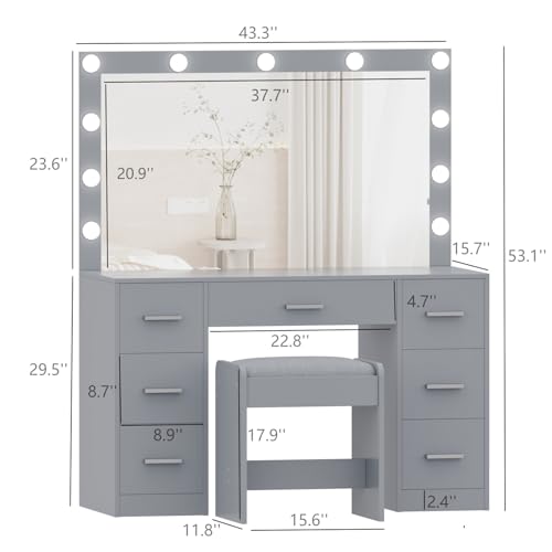 Vanity Desk with Stool, Lighted Mirror, 3 Color Lighting Modes, Dressing Table with Drawers U774924