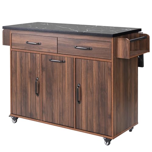 Farmhouse Kitchen Island with Drop Leaf, Barn Door and Power Outlet C3058
