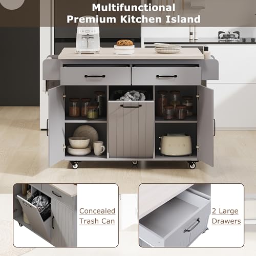 Farmhouse Kitchen Island with Drop Leaf, Barn Door and Power Outlet C3058