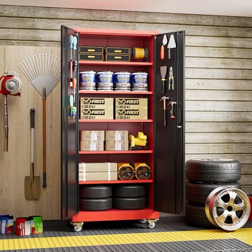 Metal Storage Cabinet with Wheels, 73" H, Locking Doors and Adjustable Shelves A1751