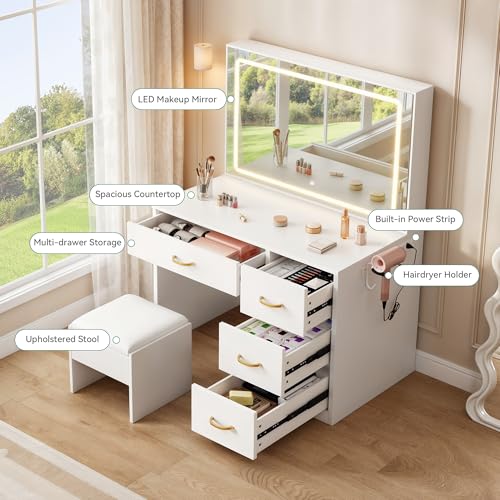 Vanity Desk Set with LED Mirror and Lights, Makeup Table with Drawers & Stool N790324