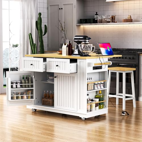 Rolling Kitchen Island Cart with Drop Leaf, Power Outlet, and 5 Open Shelves L877625