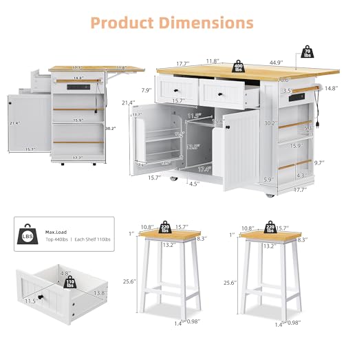 Rolling Kitchen Island Cart with Drop Leaf, Power Outlet, and 5 Open Shelves L877625
