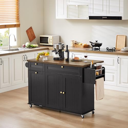 Kitchen Island with Power Outlet & Drop Leaf, Rolling Cart with Storage J137407