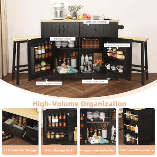 Rolling Kitchen Island Cart with Drop Leaf, Power Outlet, and 5 Open Shelves L877625