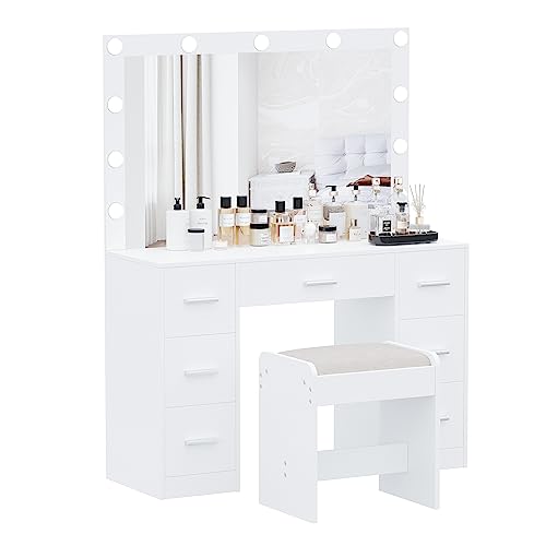 Vanity Desk with Stool, Lighted Mirror, 3 Color Lighting Modes, Dressing Table with Drawers U774924