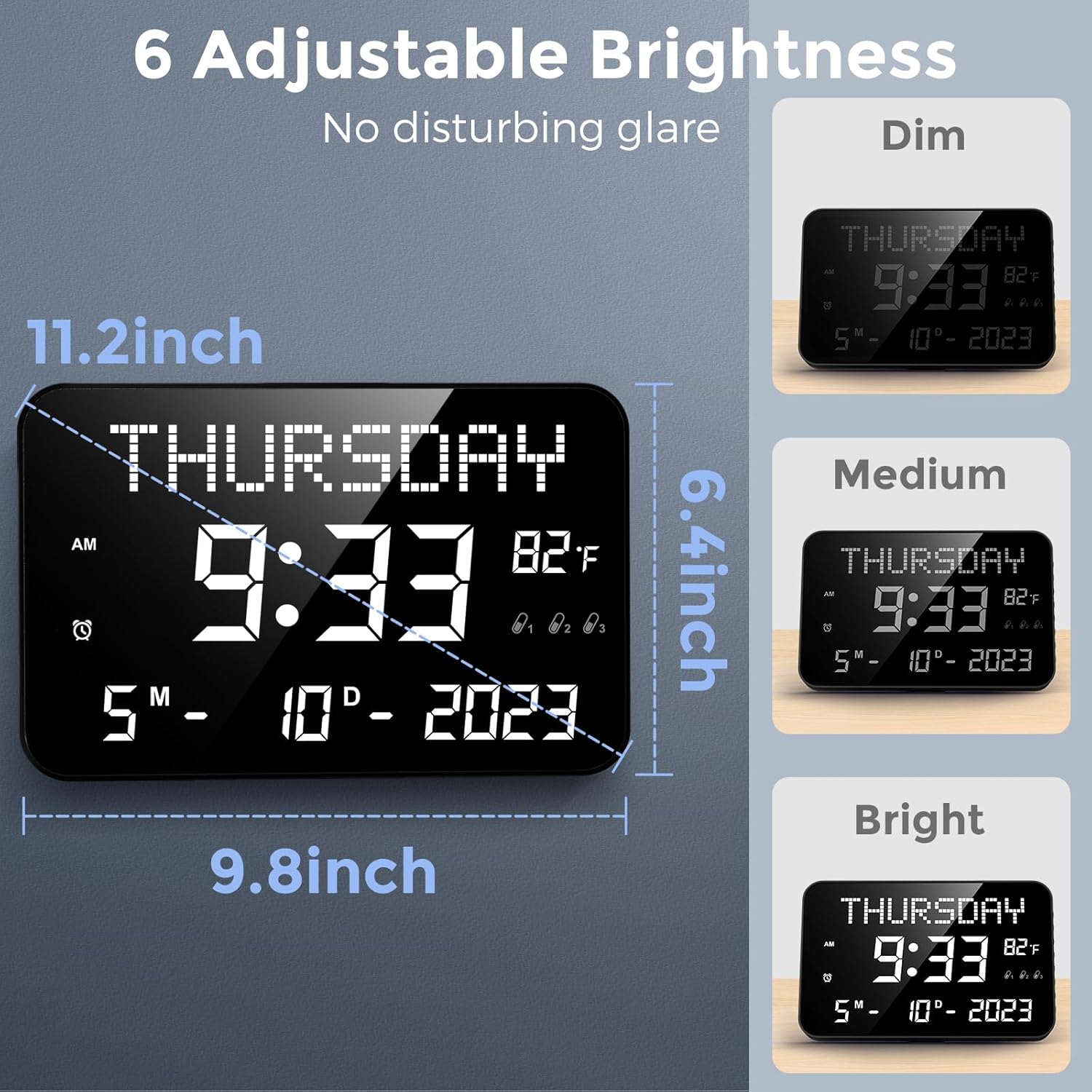 11.2" Digital Calendar Clock with Day and Date, Remote Control, 4 Alarms, Adjustable Dimmer Z657