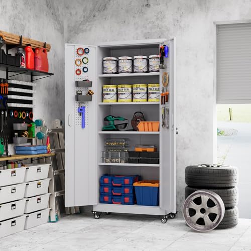 Metal Storage Cabinet with Wheels, 73" H, Locking Doors and Adjustable Shelves A1751