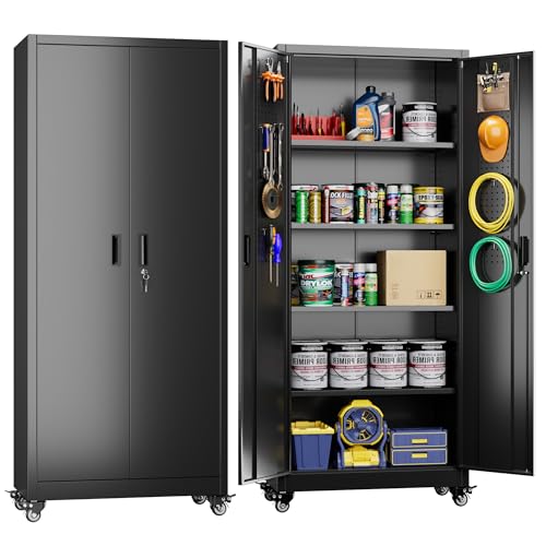 Metal Storage Cabinet with Wheels, 73" H, Locking Doors and Adjustable Shelves A1751