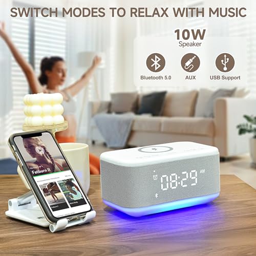Wireless Charging Alarm Clock Speaker with Bluetooth, Dimmable Night Light K3994